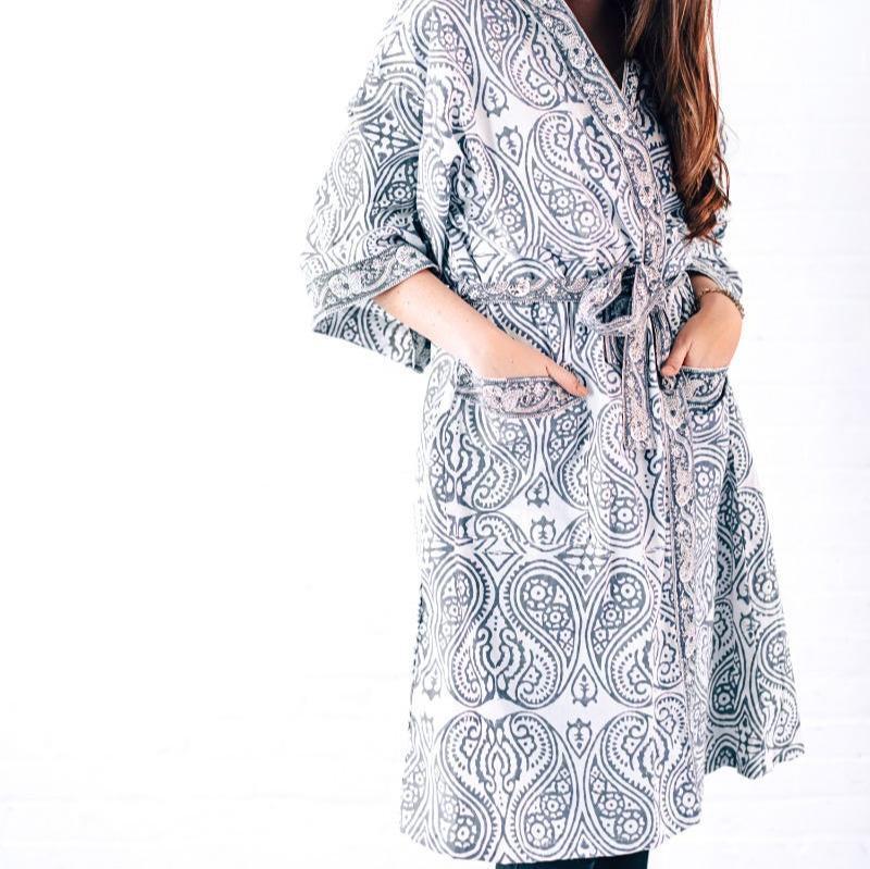 Close-up of paisley print on organic cotton robe for women