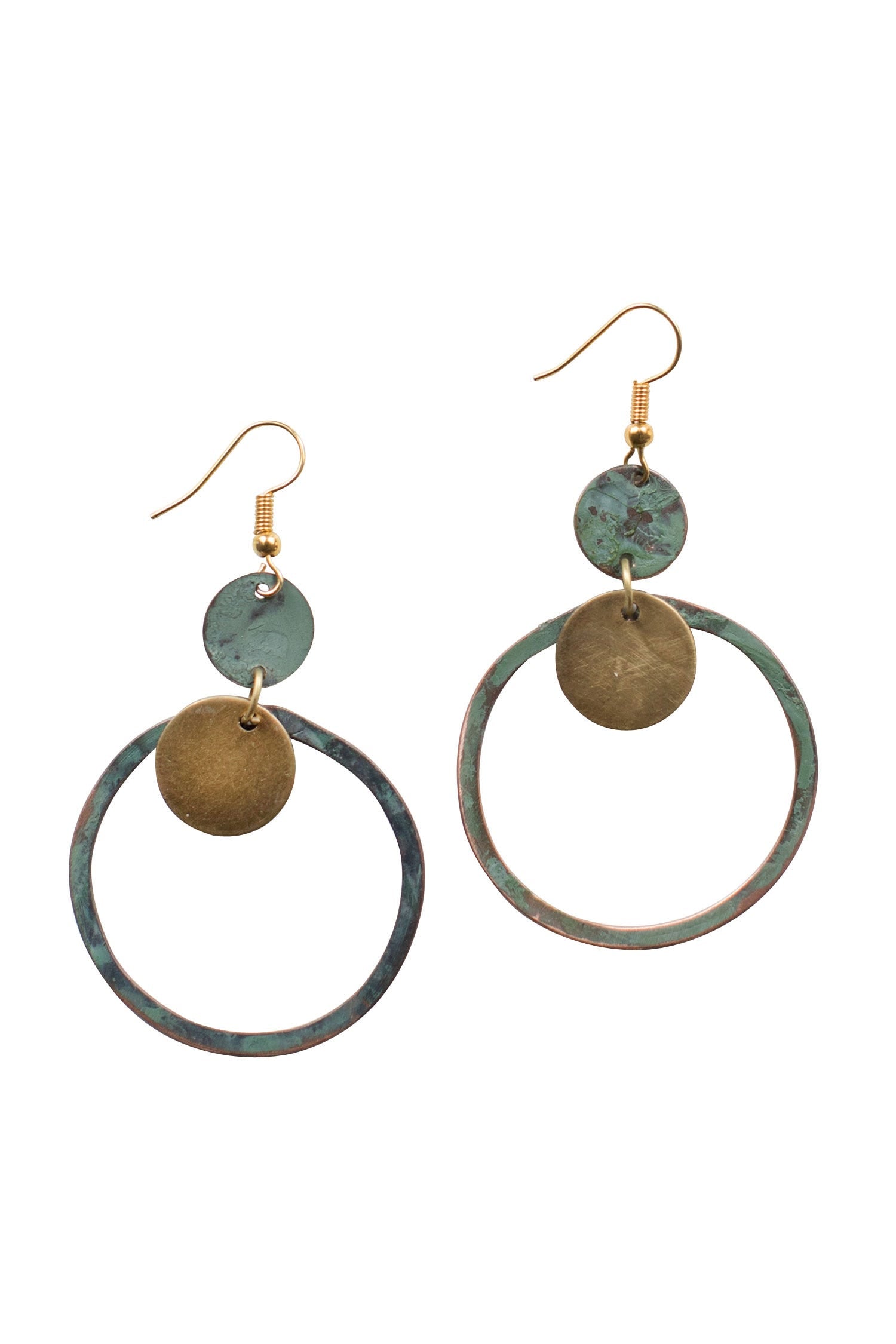 Close-up of Opportunity earrings made from oxidized copper and brass showcasing earthy tones