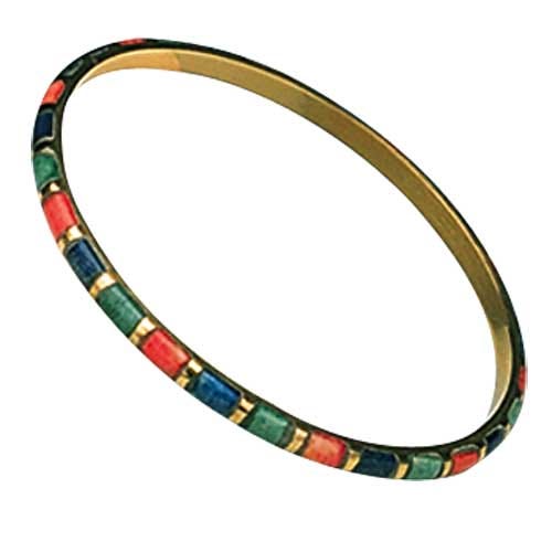 Close-up view of the vibrant brass and bone bangle highlighting its intricate design and colorful inlays.