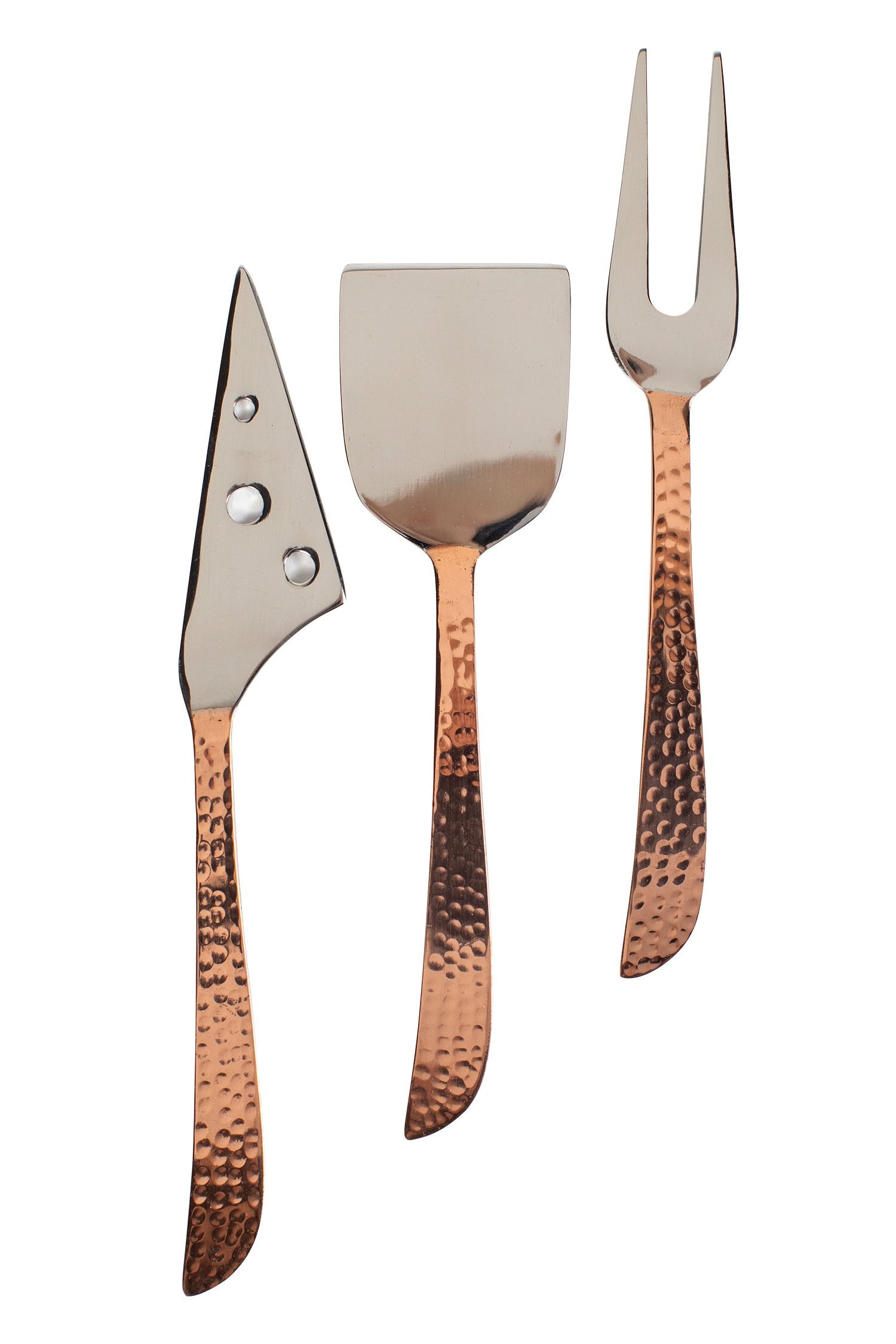 Artisan hammered copper cheese server set displayed on a rustic wooden table.