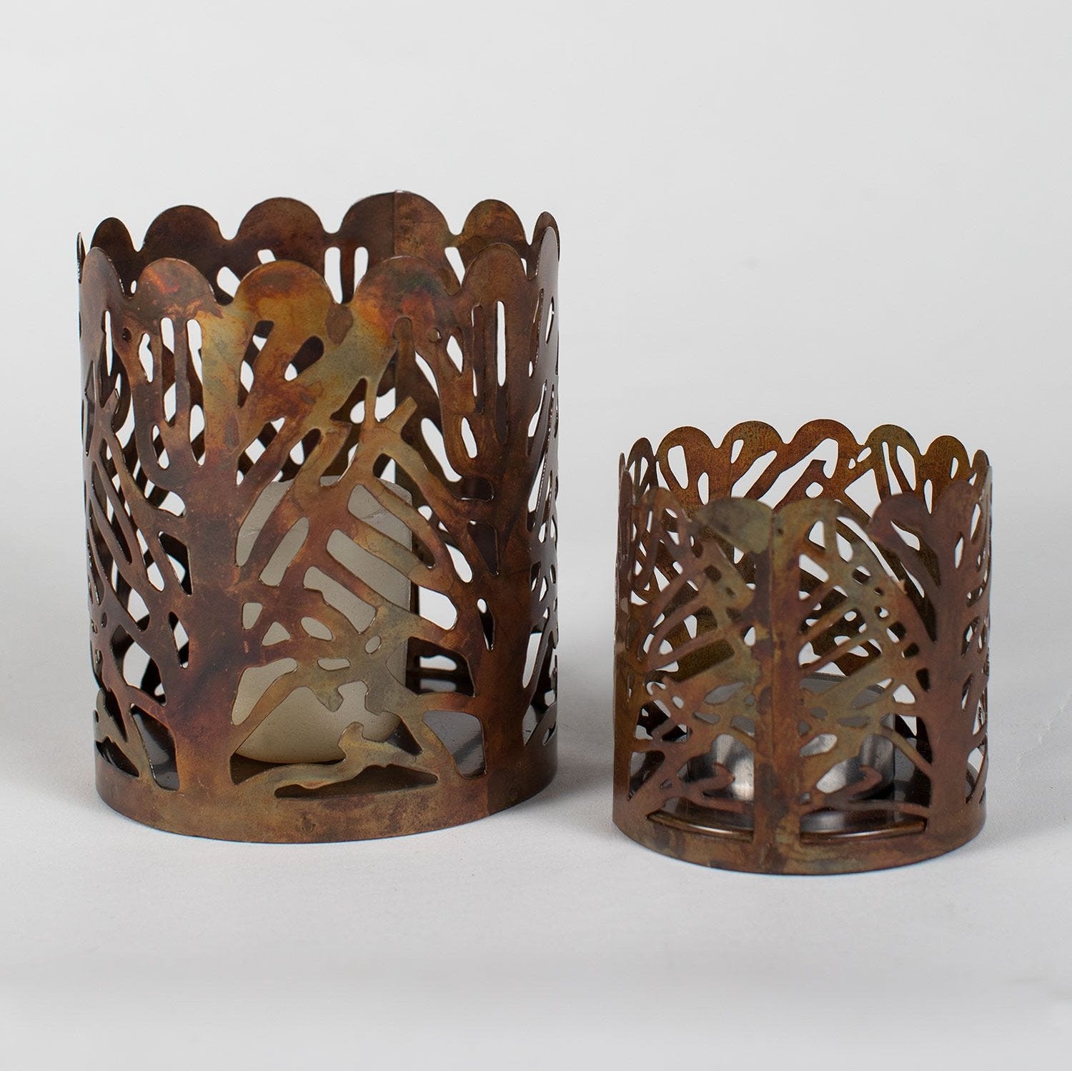 Handcrafted Forest Candle Holder with metal tree cutouts and scalloped edge for home decor