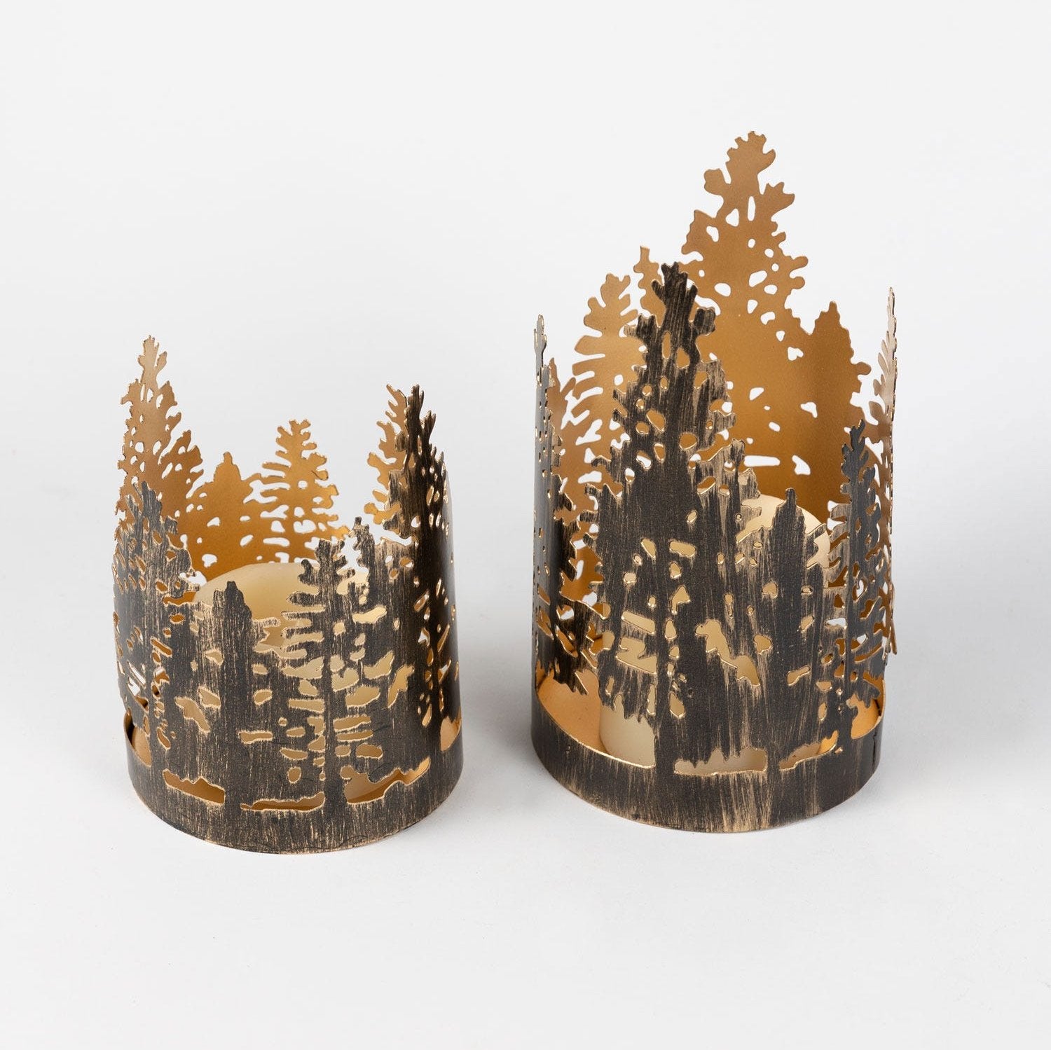 Enchanting Forest Glow Candle Holder showcasing gold and black finishes.