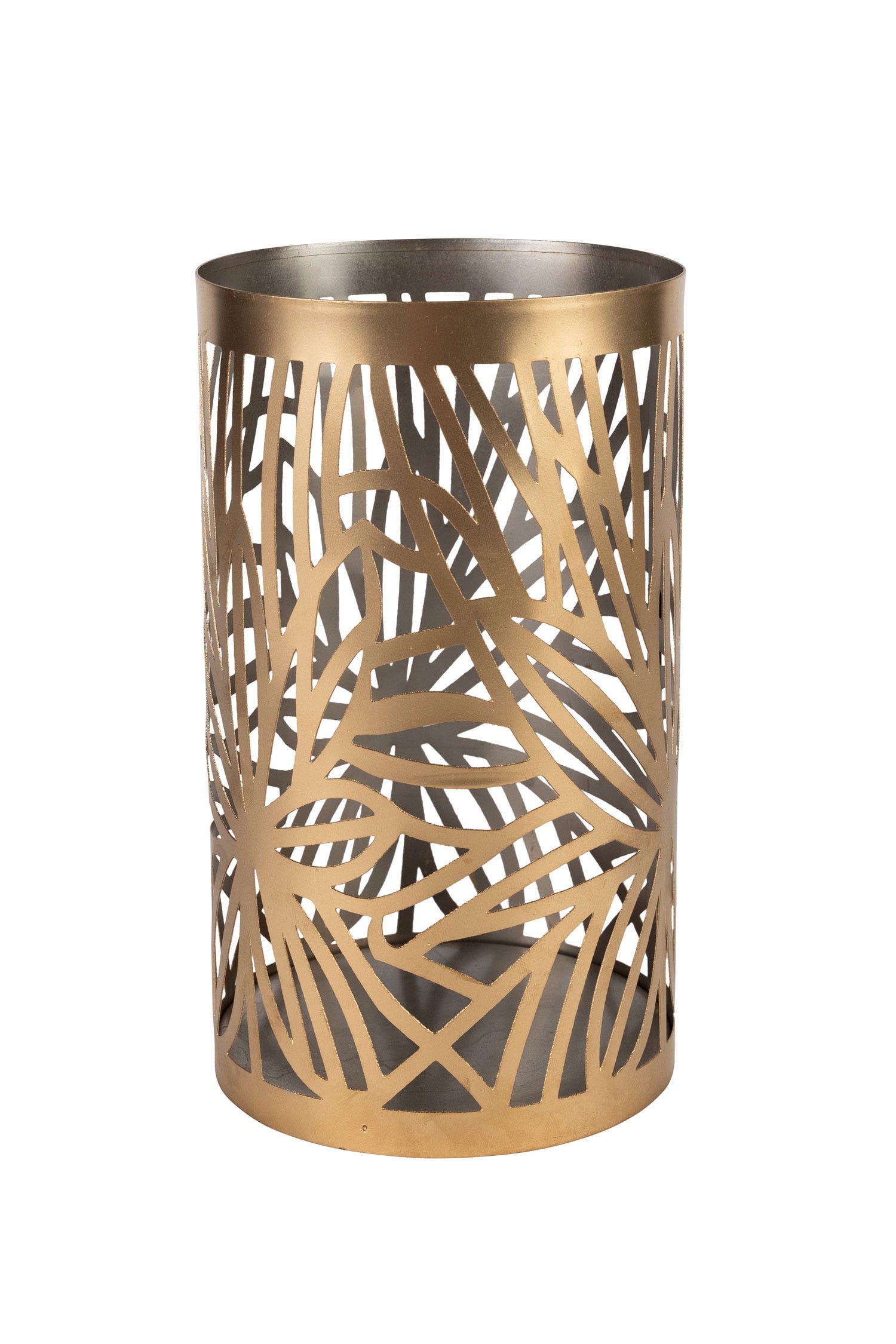Close-up of gold palm leaf candleholder with intricate cutouts, perfect for stylish home decor