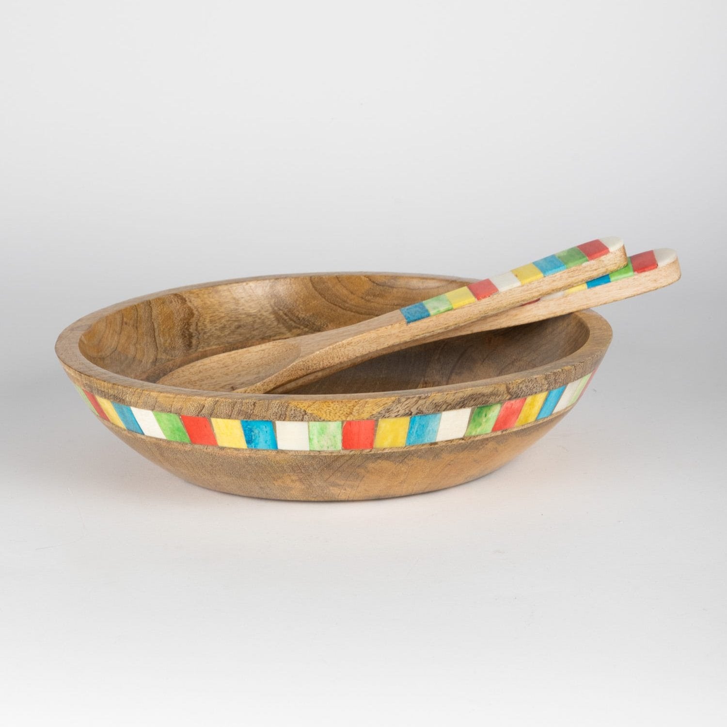 Top view of vibrant mango wood salad bowl with colorful inlay for serving salads.