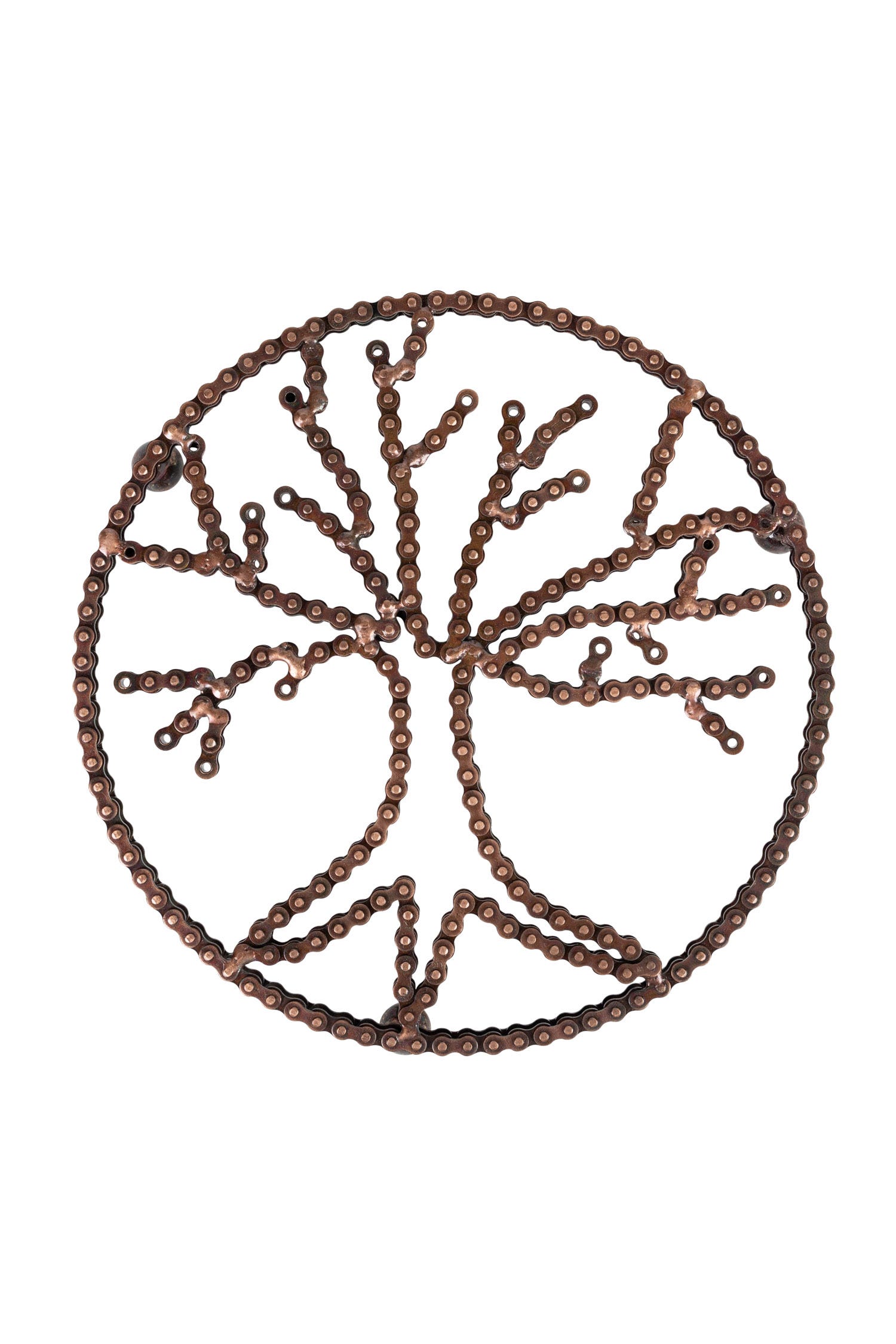 Close-up of Tree of Life bike chain trivet showcasing its unique design and craftsmanship.