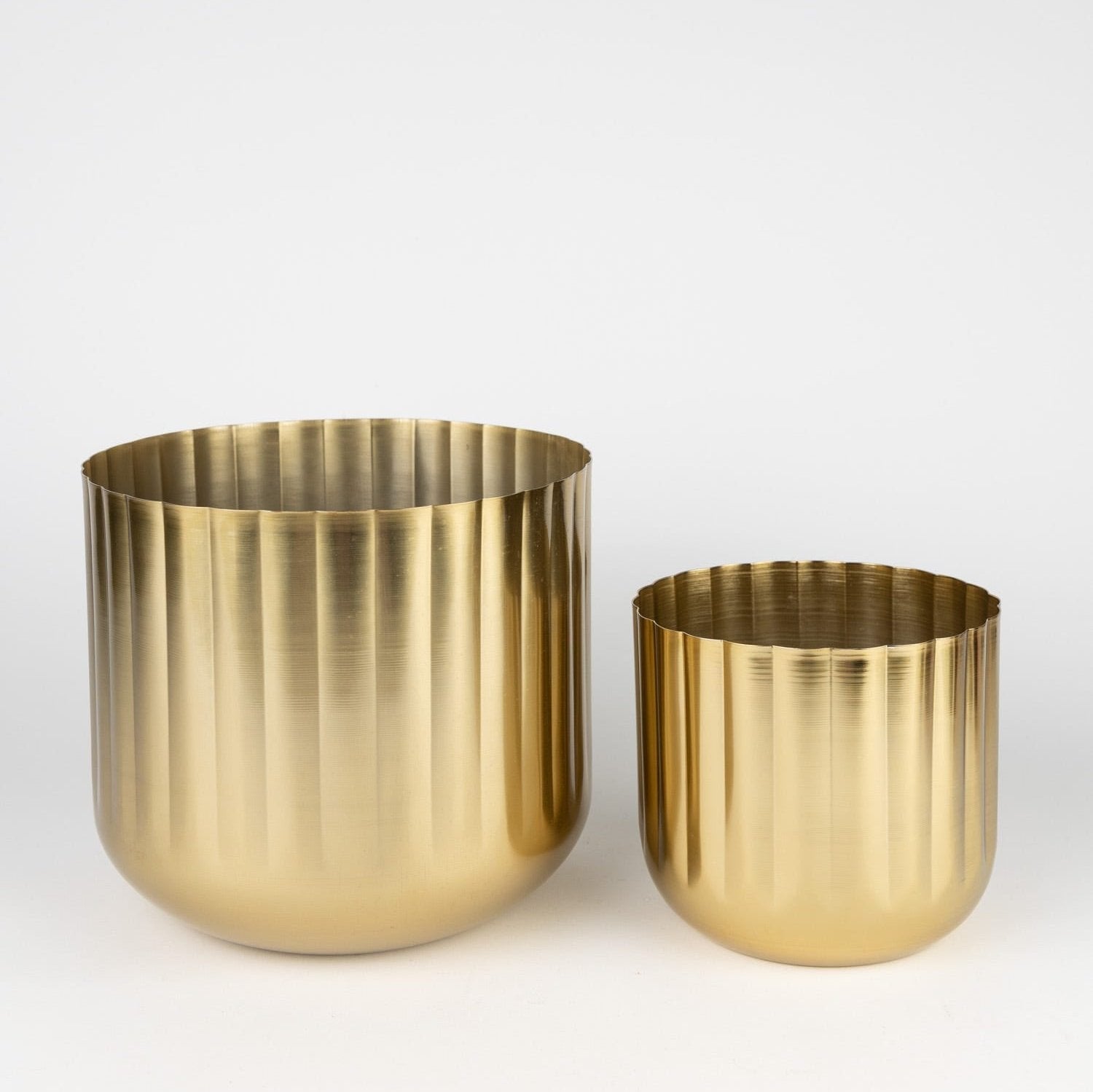 Elegant brass scalloped planter on a wooden shelf, showcasing indoor plant display