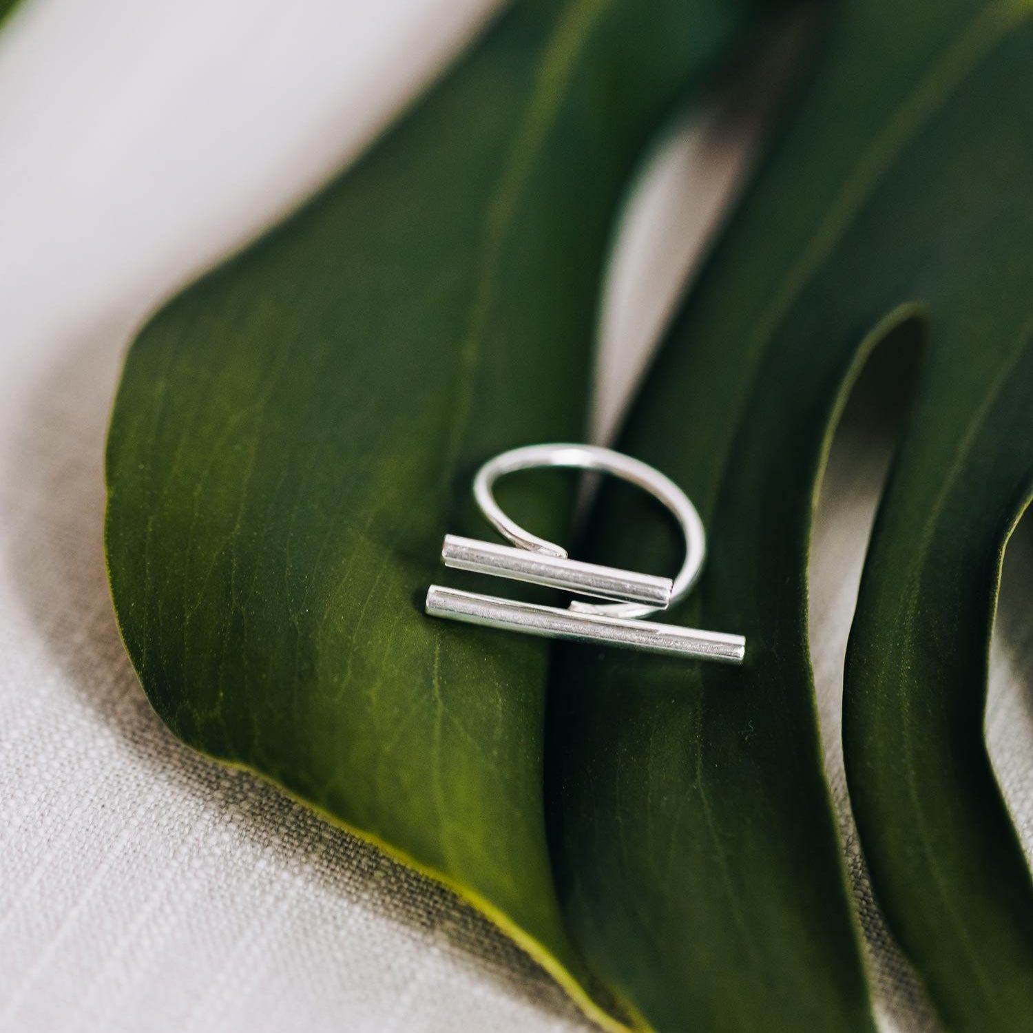 Close-up of the Dual Bar Adjustable Ring showcasing its brass detail and silver finish.