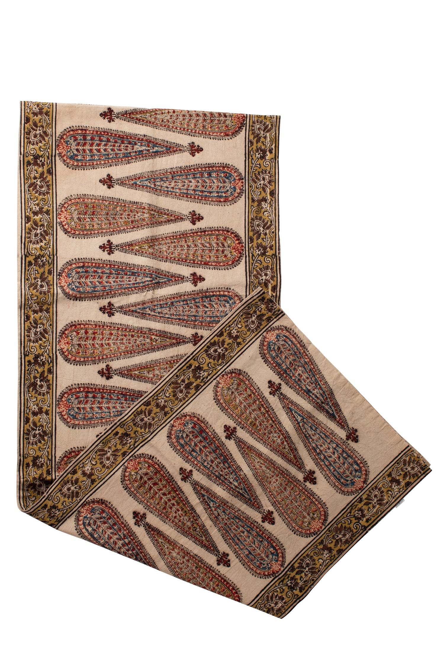 View of the hand block printed Cypress Tree pattern on a cotton table runner, showing detailed natural dye work