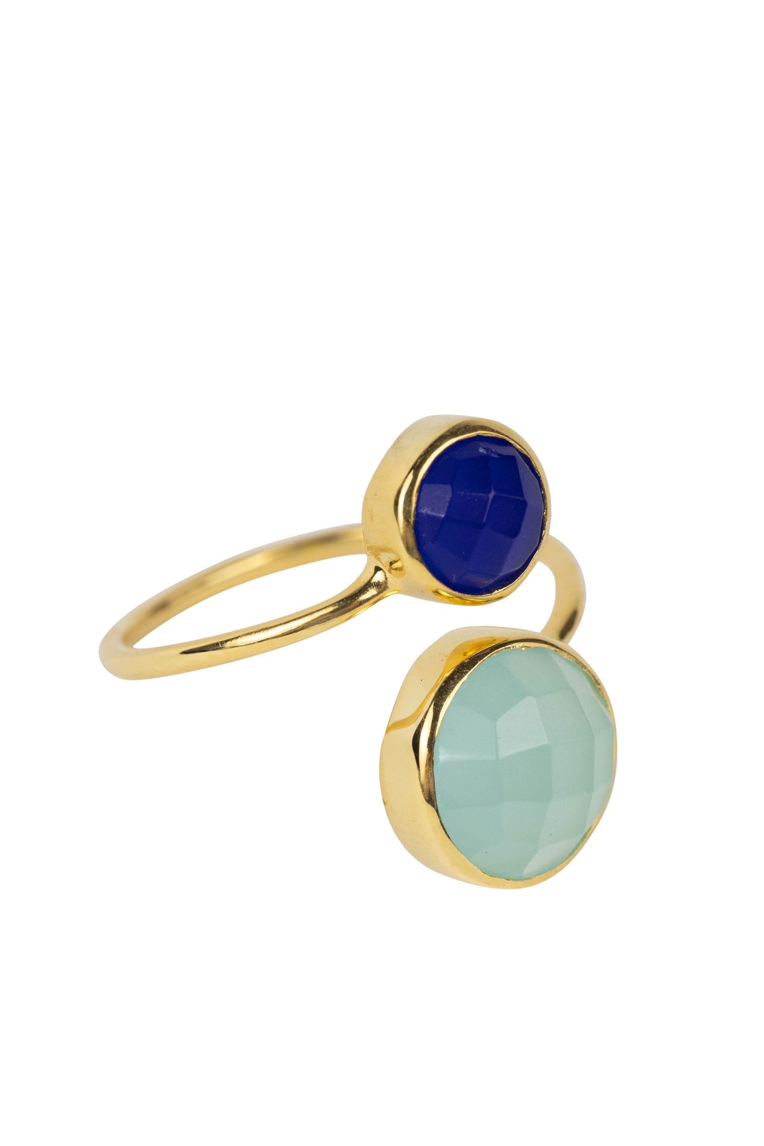 Front view of azure serenity adjustable blue chalcedony ring highlighting the overlapping stones
