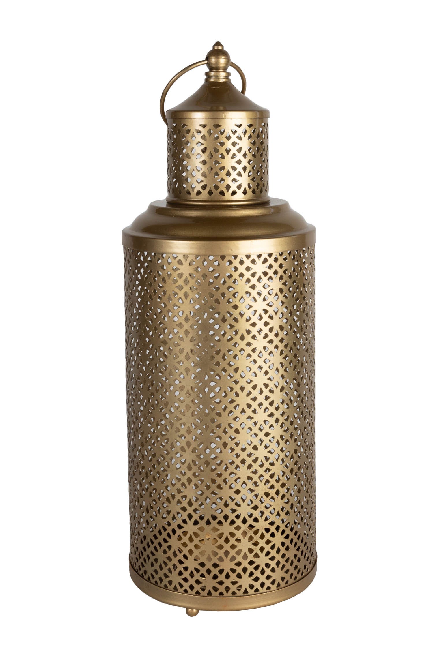Close-up of intricate geometric medallion fretwork on artisanal lantern
