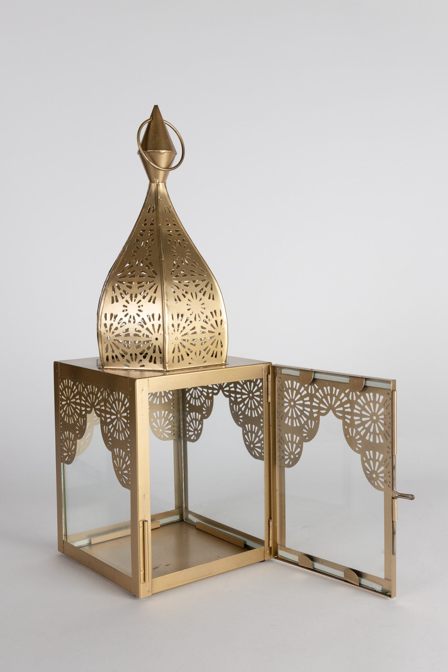 Close-up view of the artisan boho lantern with geometric design, highlighting its intricate craftsmanship.