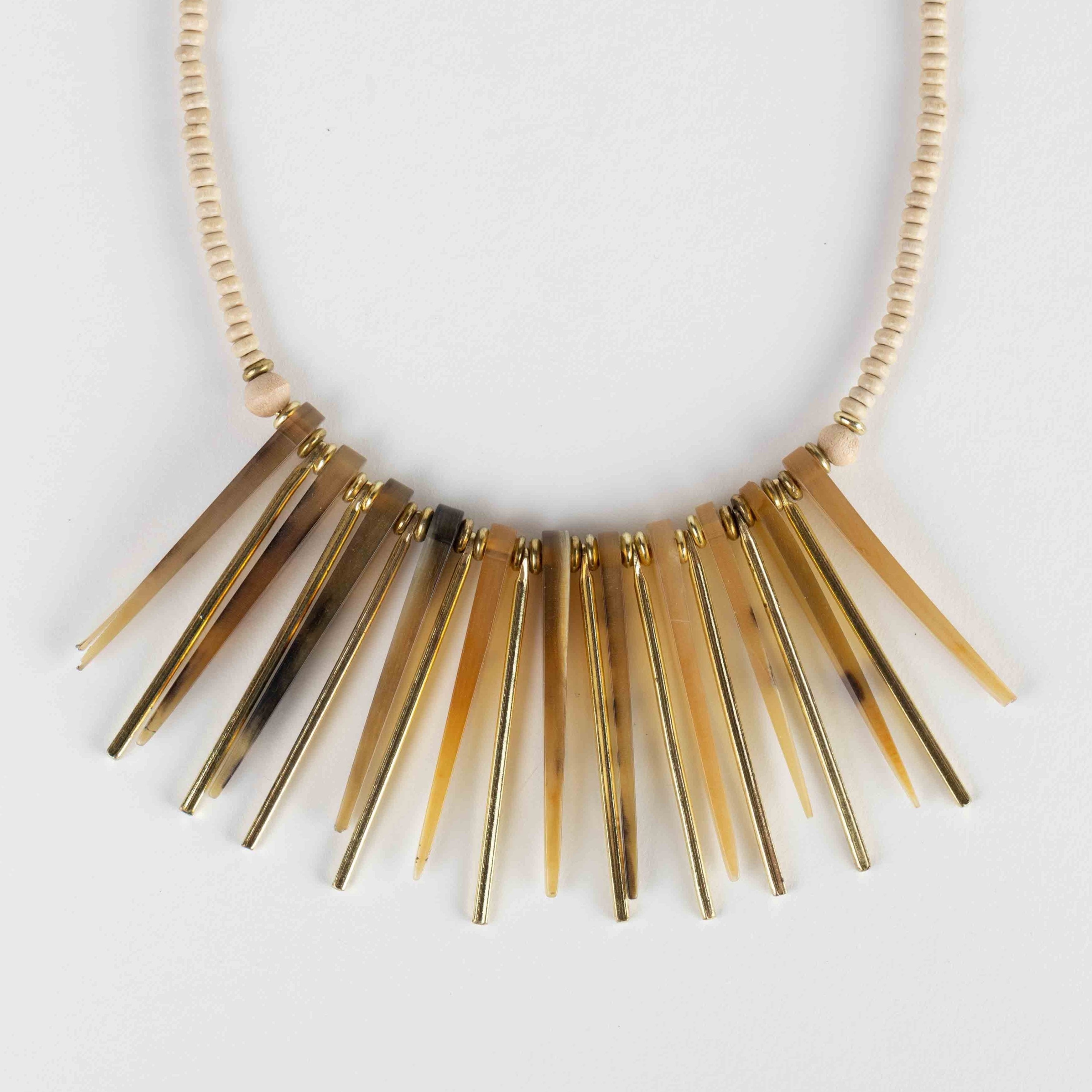 Close-up of the Eco-Chic Artisan Horn and Wood Necklace showcasing its unique craftsmanship.
