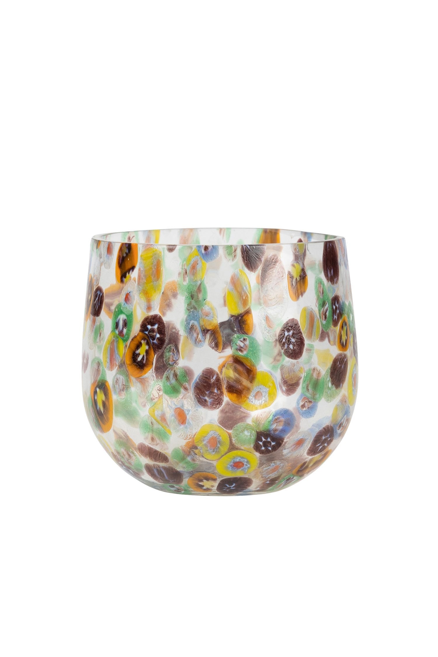 Close-up of confetti glass candleholder with colorful millefiori pattern