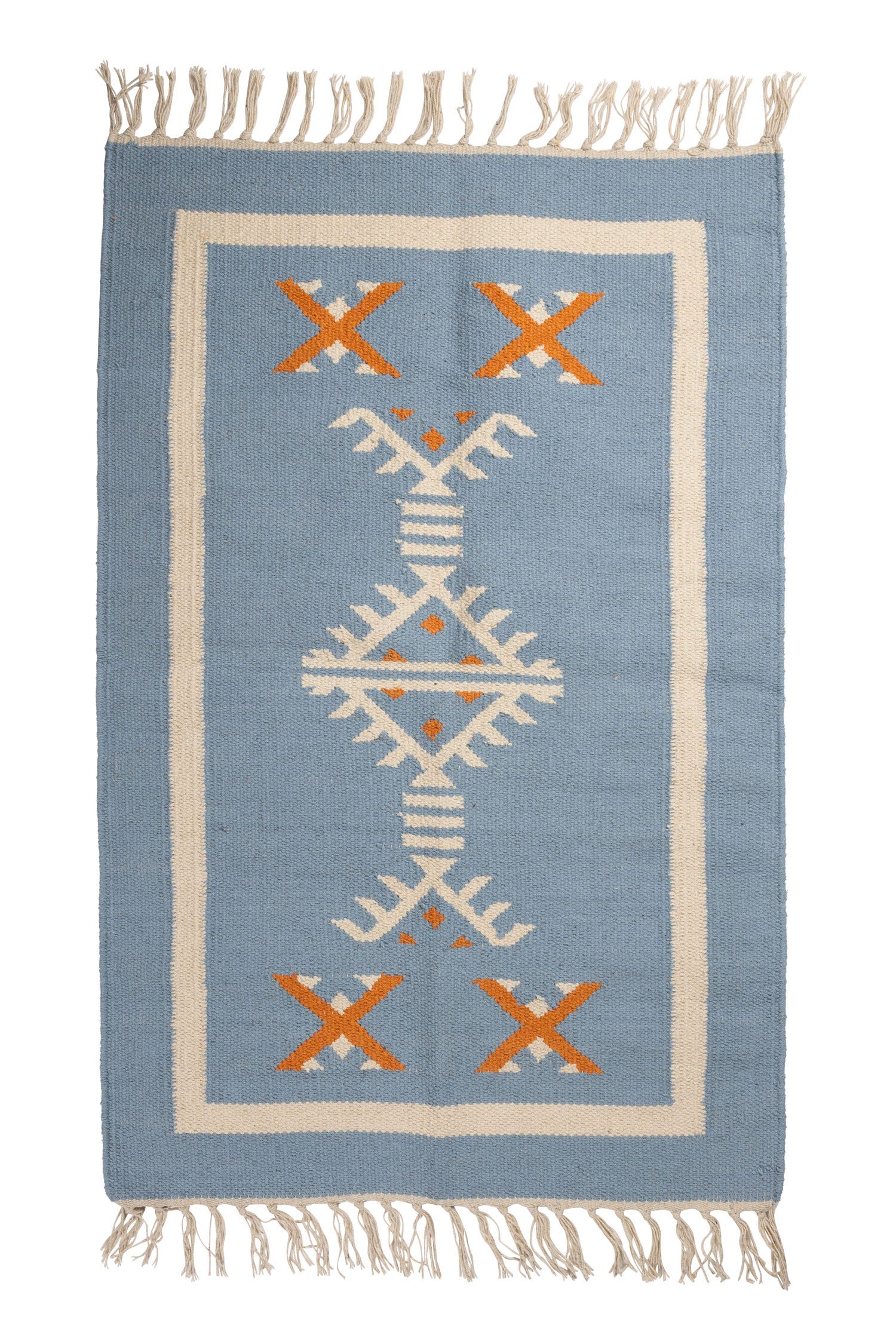 View of the handcrafted light blue cotton dhurrie rug in a modern living room