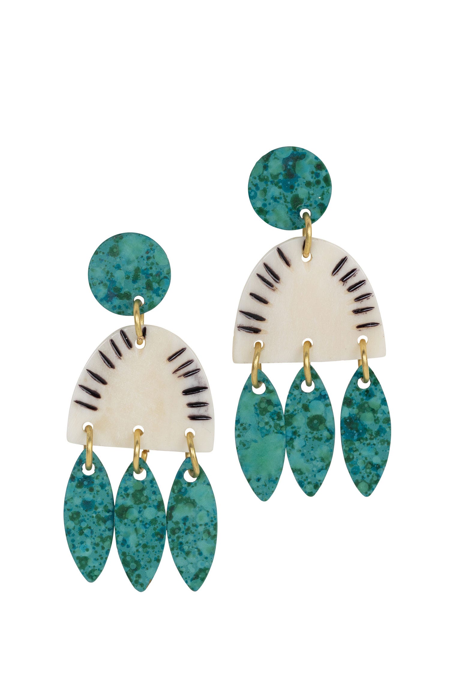 Handcrafted summer rain earrings showcasing a sun-like carved bone and teal patina.