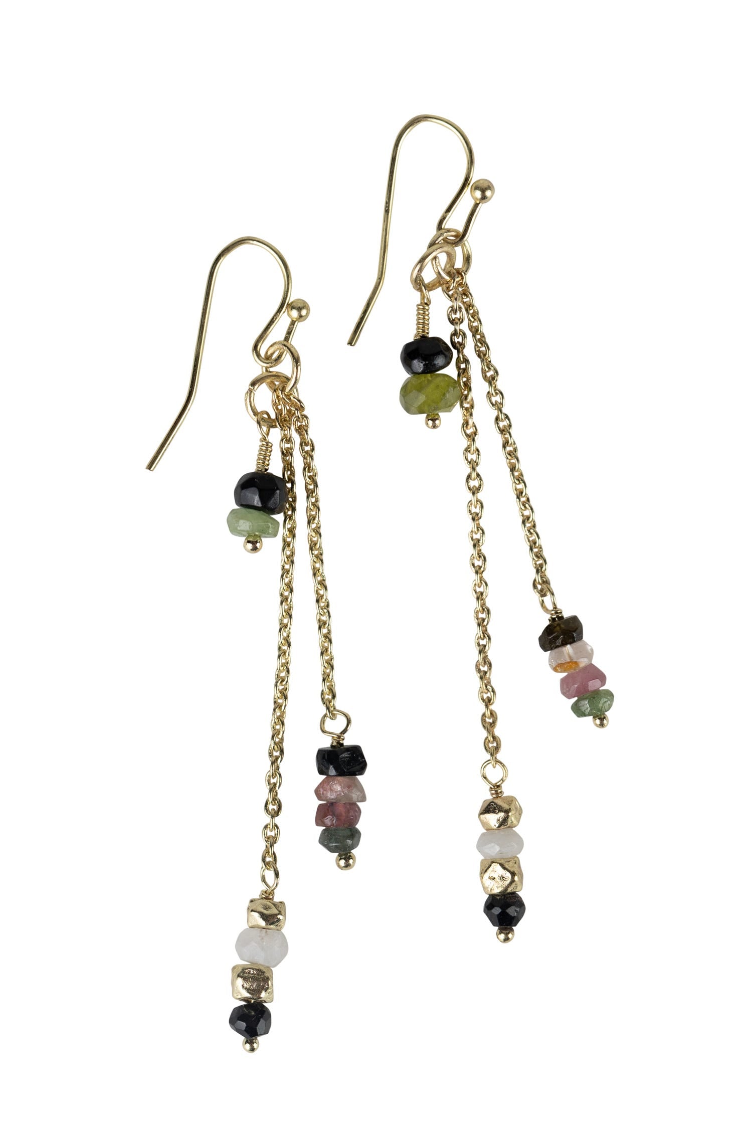 Close-up of radiant handcrafted tourmaline dangle earrings showcasing their vibrant colors.