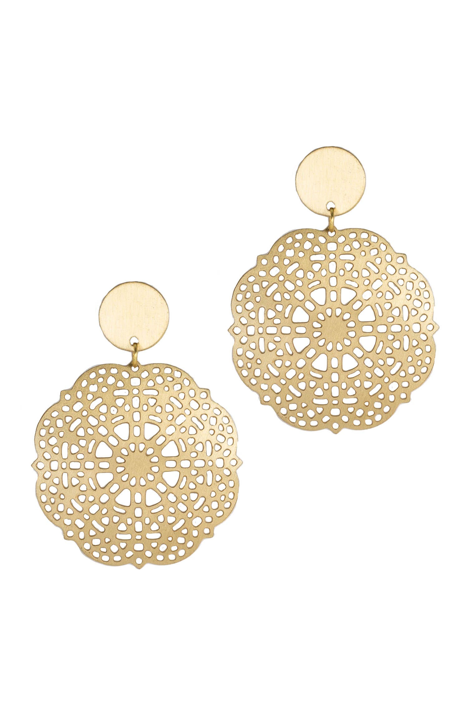 Front view of handcrafted mandala earrings with brushed brass finish