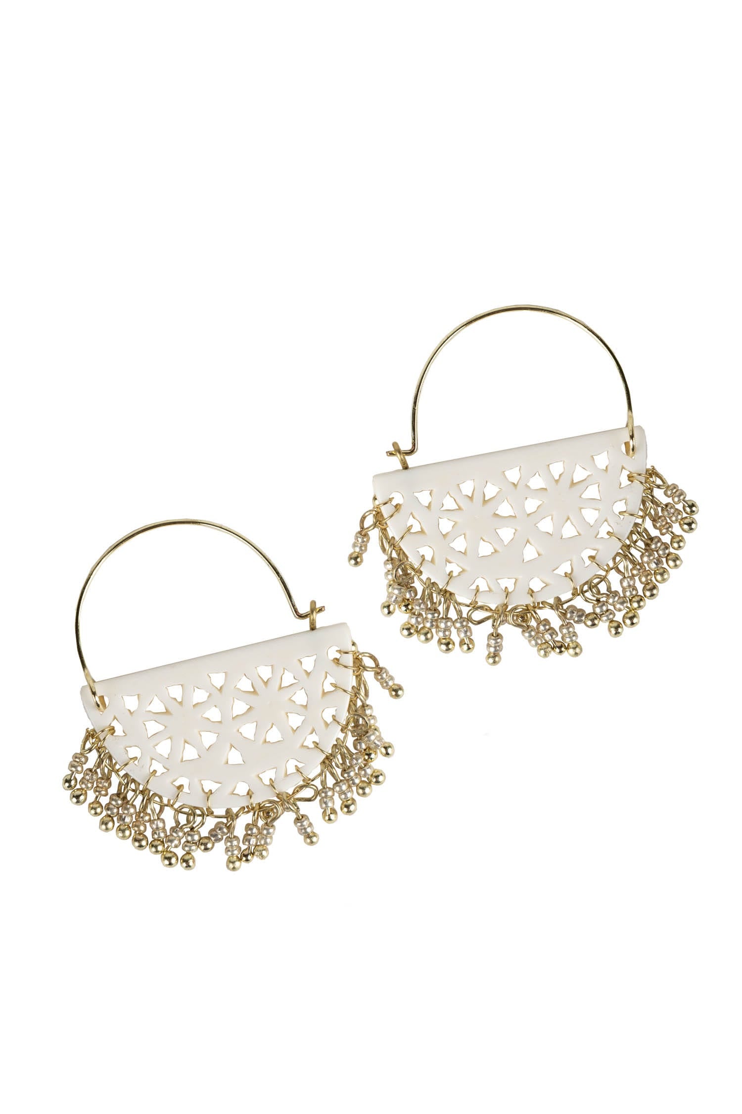 Handcrafted brass and bone earrings with fringe detail, perfect for boho summer fashion