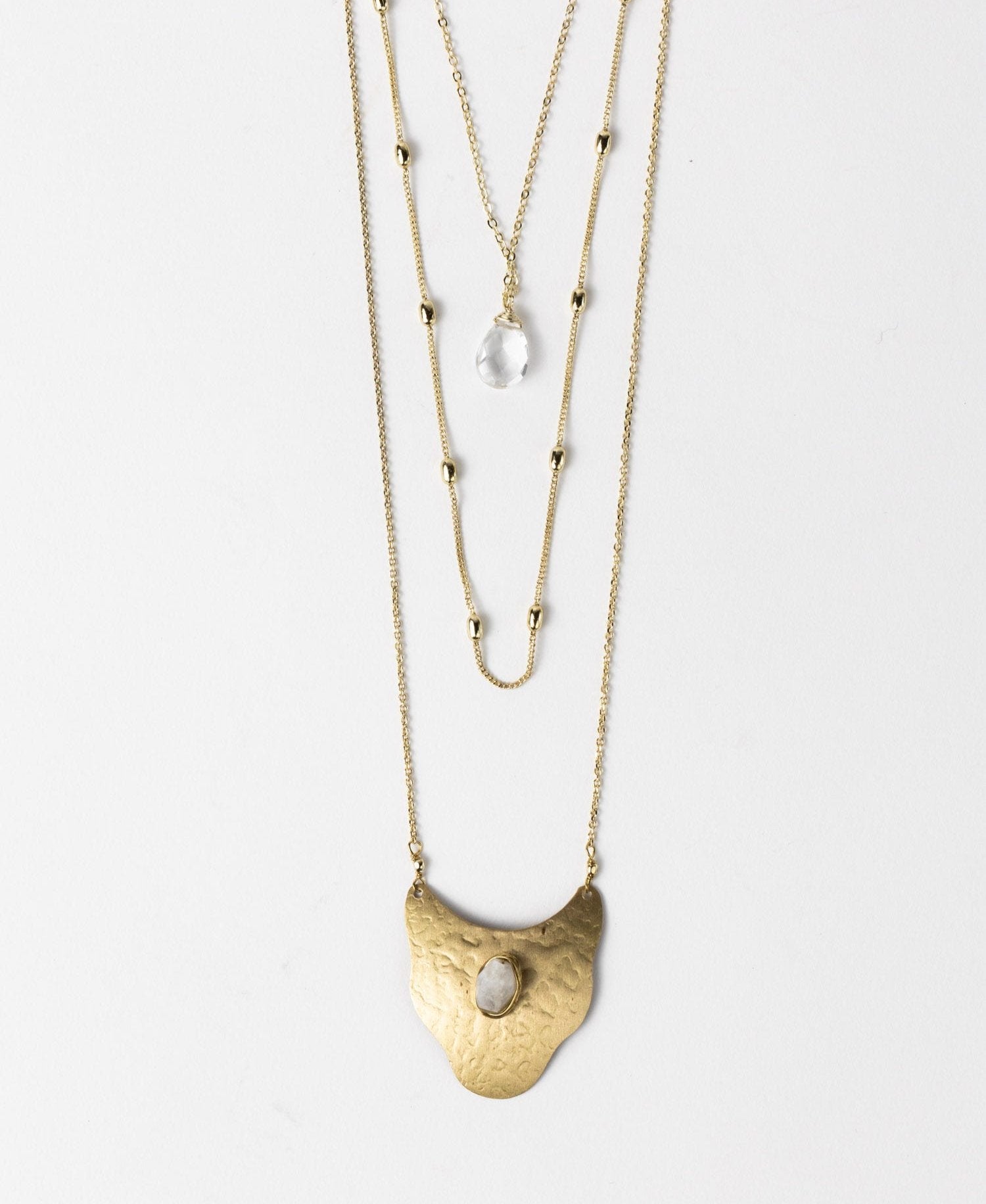 Close-up of handcrafted moonstone layered necklace showcasing its luminous stone and delicate design