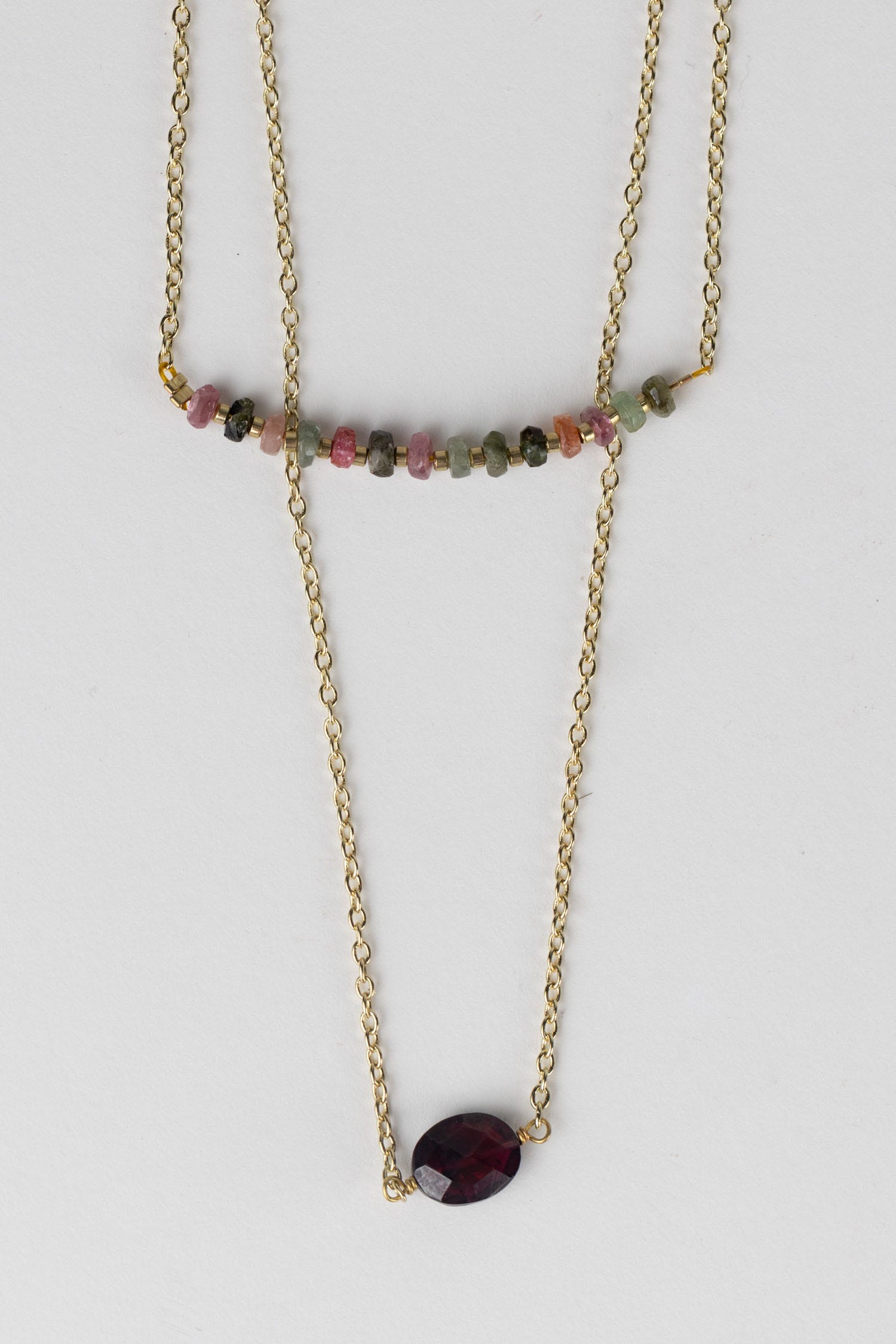 Close-up of the garnet necklace showing double strands and natural gemstone shine
