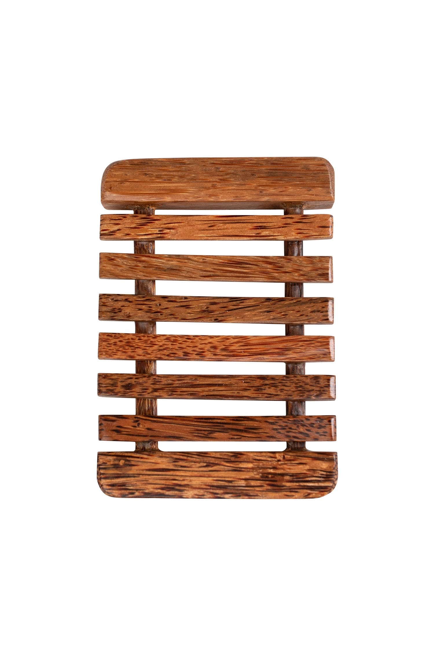 Close-up of coconut wood soap dish showing drainage slats for bathroom use