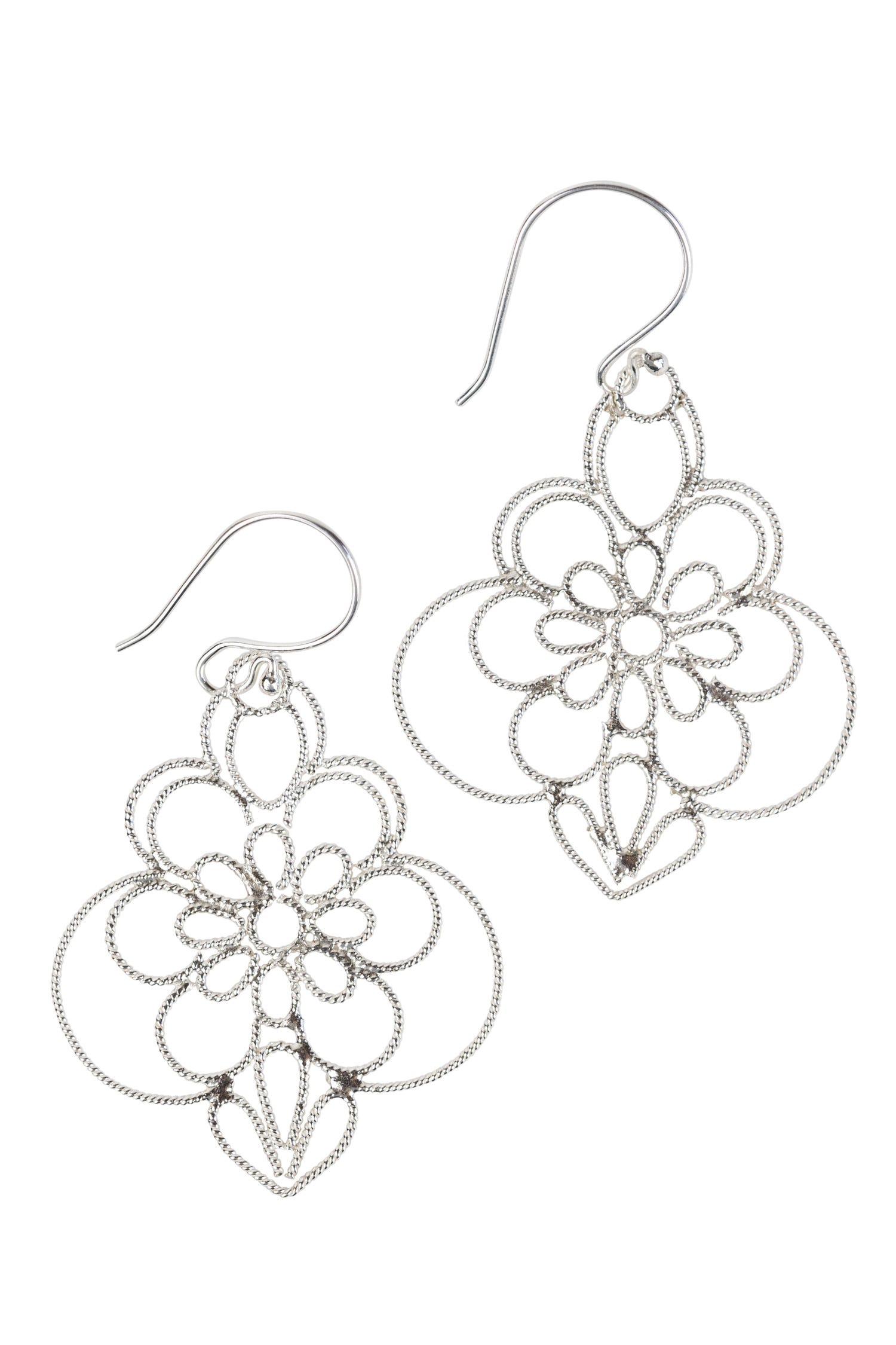 Elegant floral drop earrings showcasing intricate sterling silver craftsmanship.