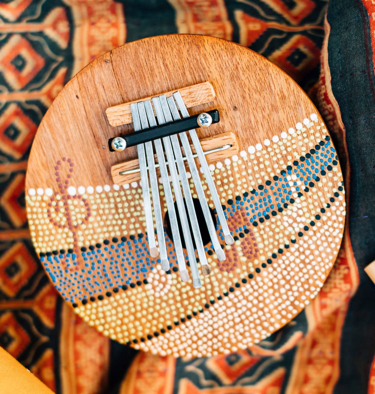 Bali Harmony Thumb Piano from an overhead angle, highlighting its unique design and craftsmanship.