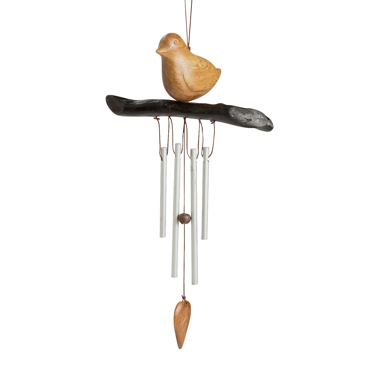 Close-up of Sparrow's Song wind chime hanging in a garden setting