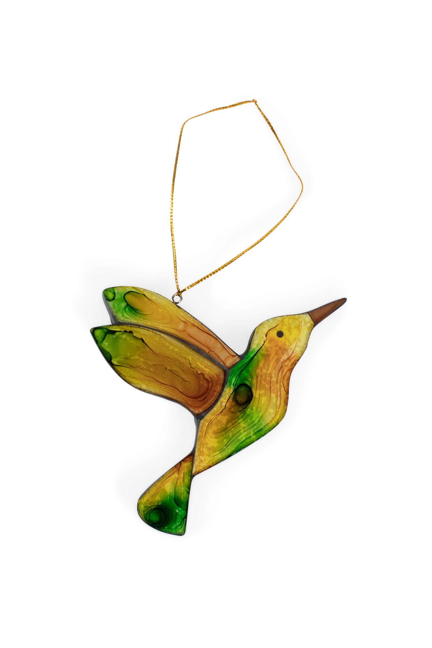 Close-up of colorful glass hummingbird mosaic ornament showing intricate details