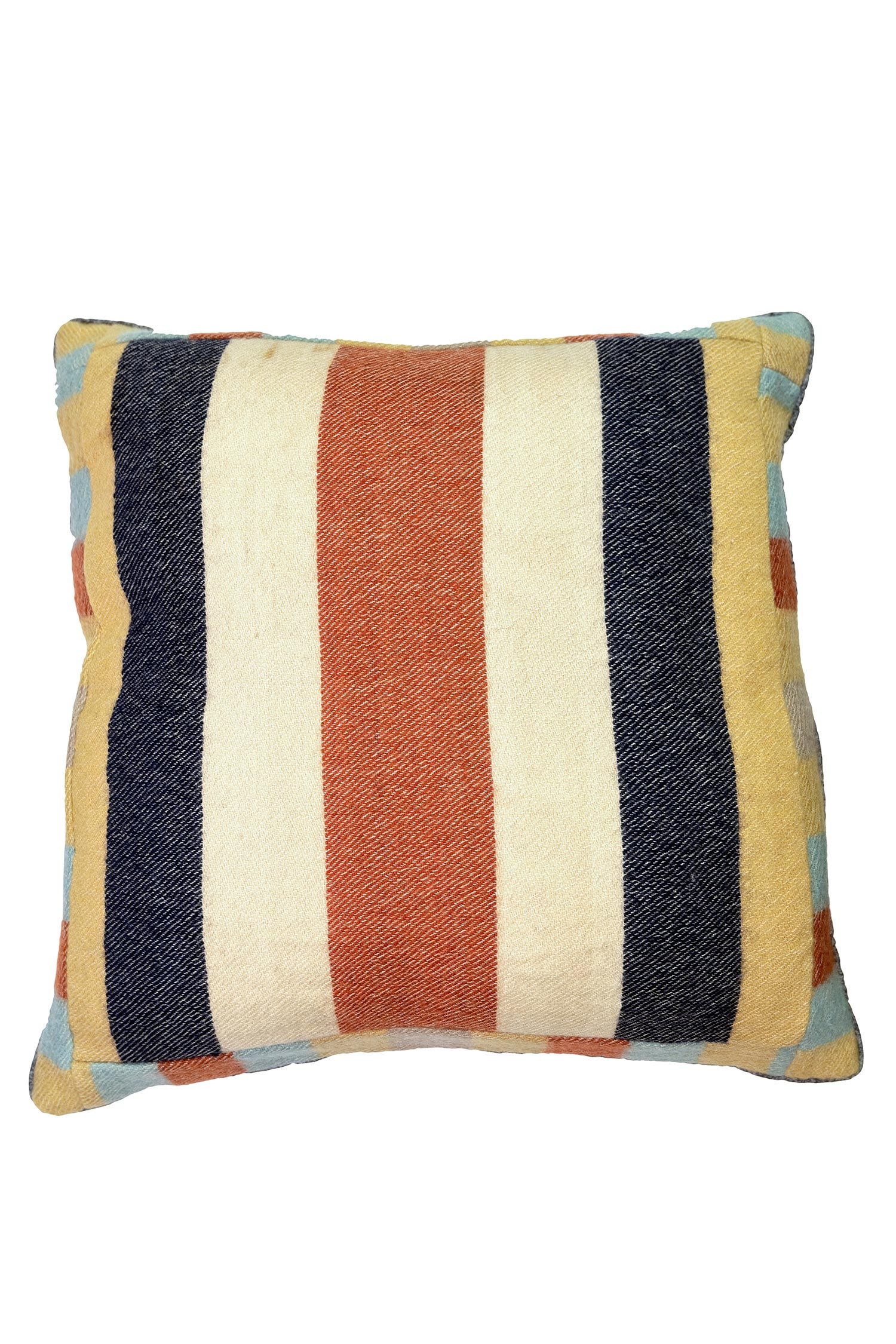 Close-up of the handwoven artisan pillow showing detailed patterns and vibrant colors