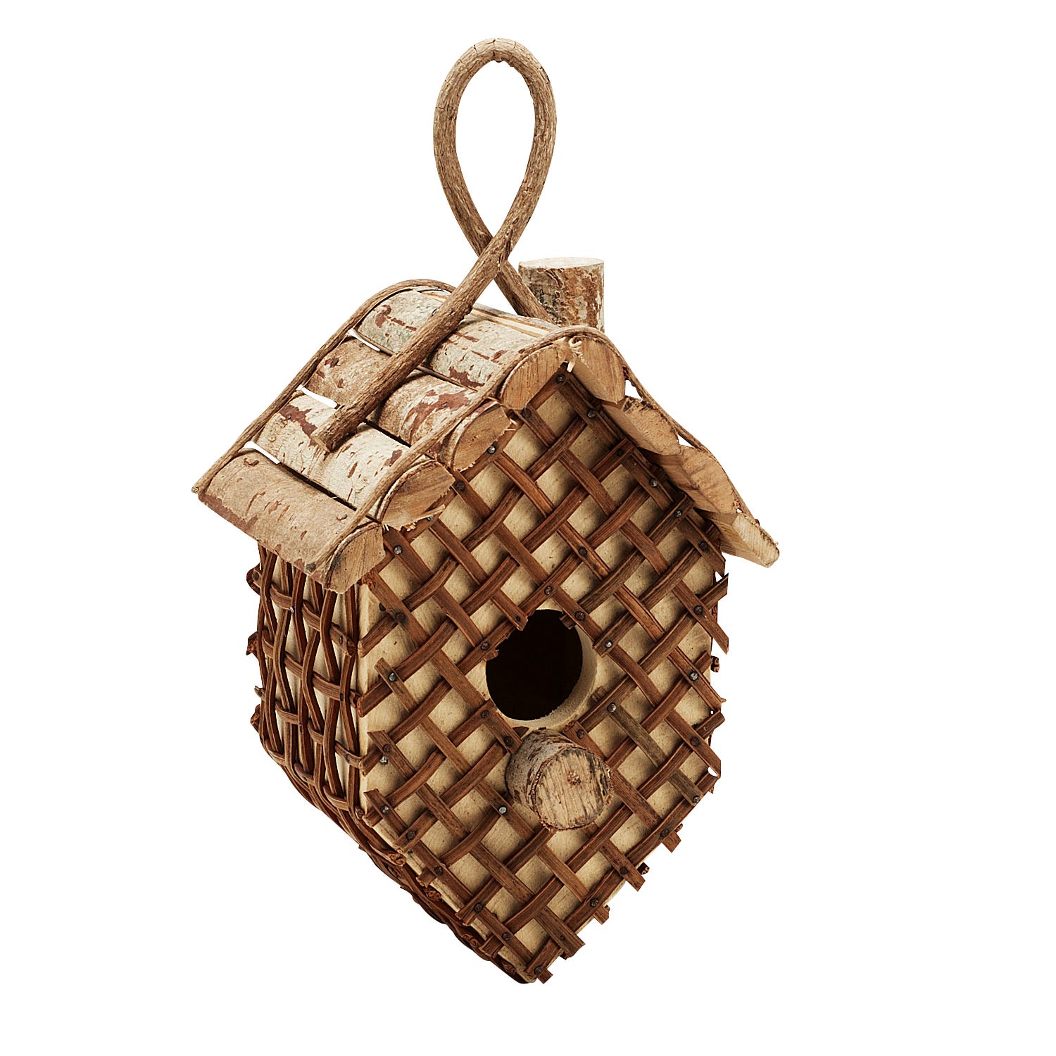 Rustic lattice birdhouse showcasing natural twigs and soft woods from a side angle.