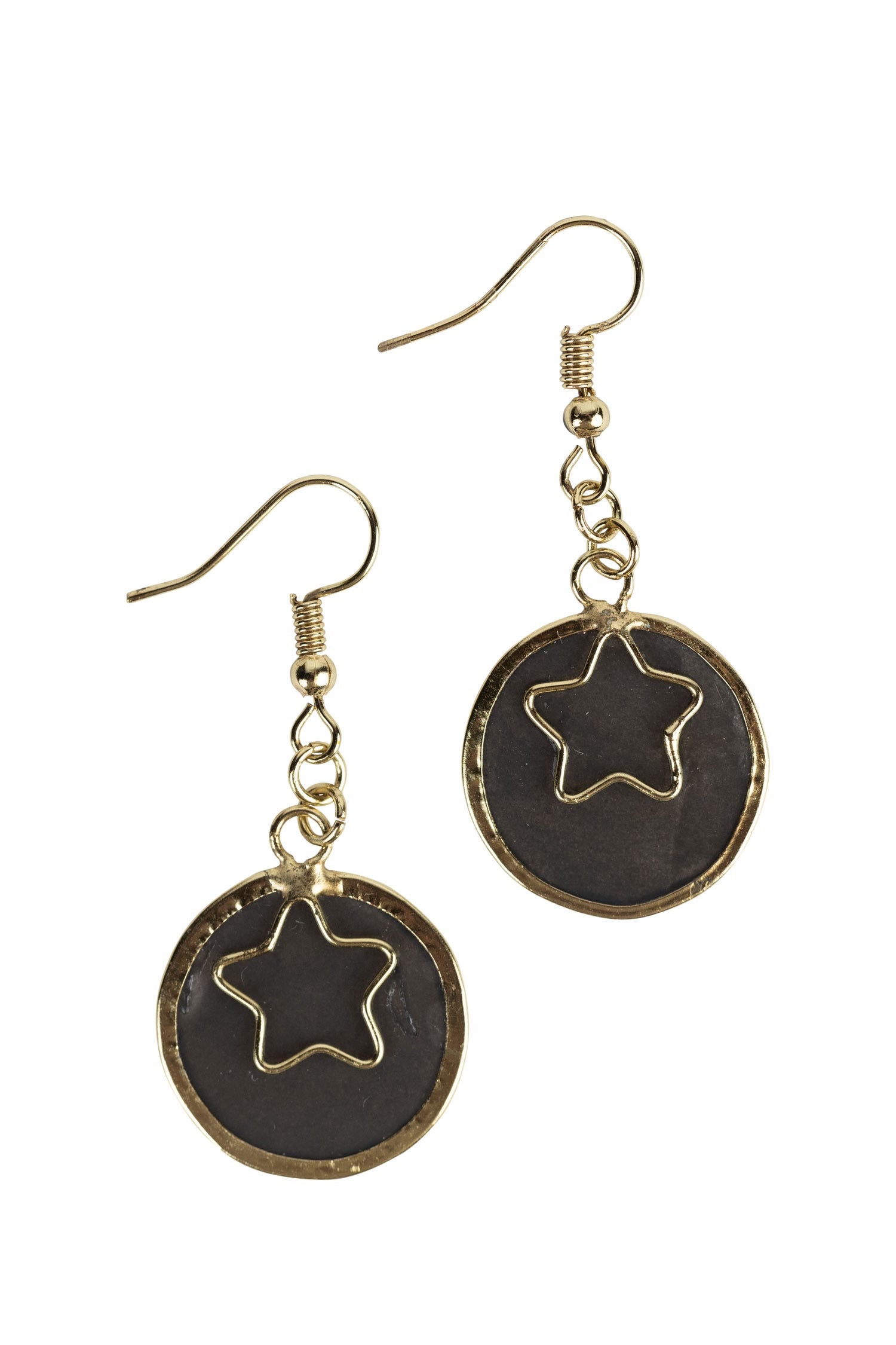 Close-up of North Star Capiz Shell Earrings showing the natural shell and brass star detail