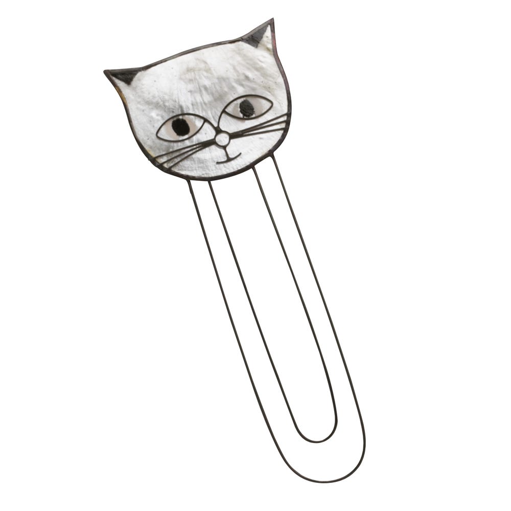 Handmade capiz shell cat bookmark with detailed design, ideal for book lovers