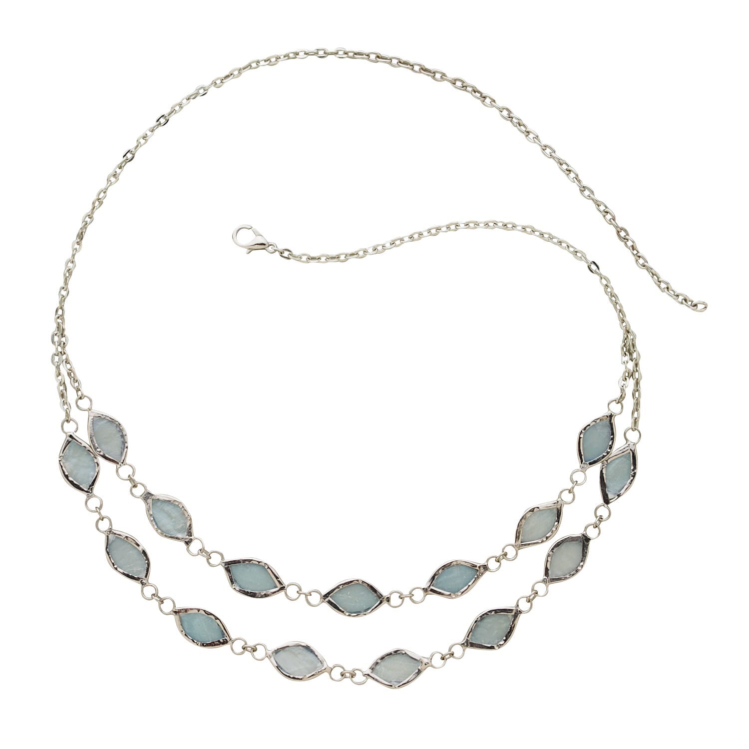 Close-up view of the lustrous capiz shell shimmer necklace highlighting its delicate craftsmanship.