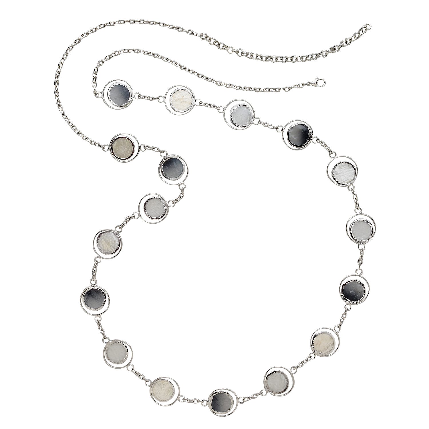 Close-up of the luminous capiz pearl necklace, highlighting the delicate shells and pearls