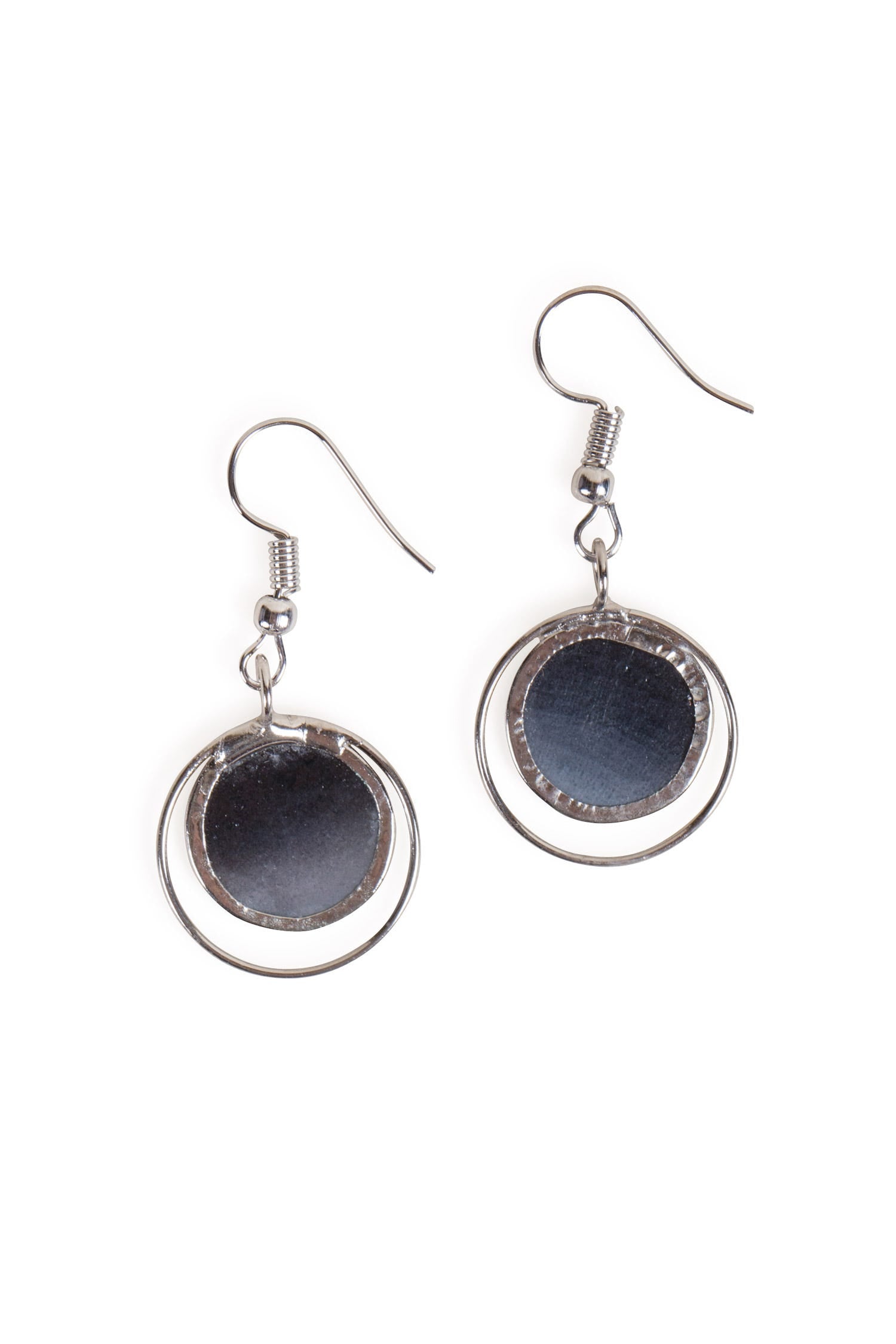 Elegant handmade capiz shell earrings with intricate dyeing and metal edging