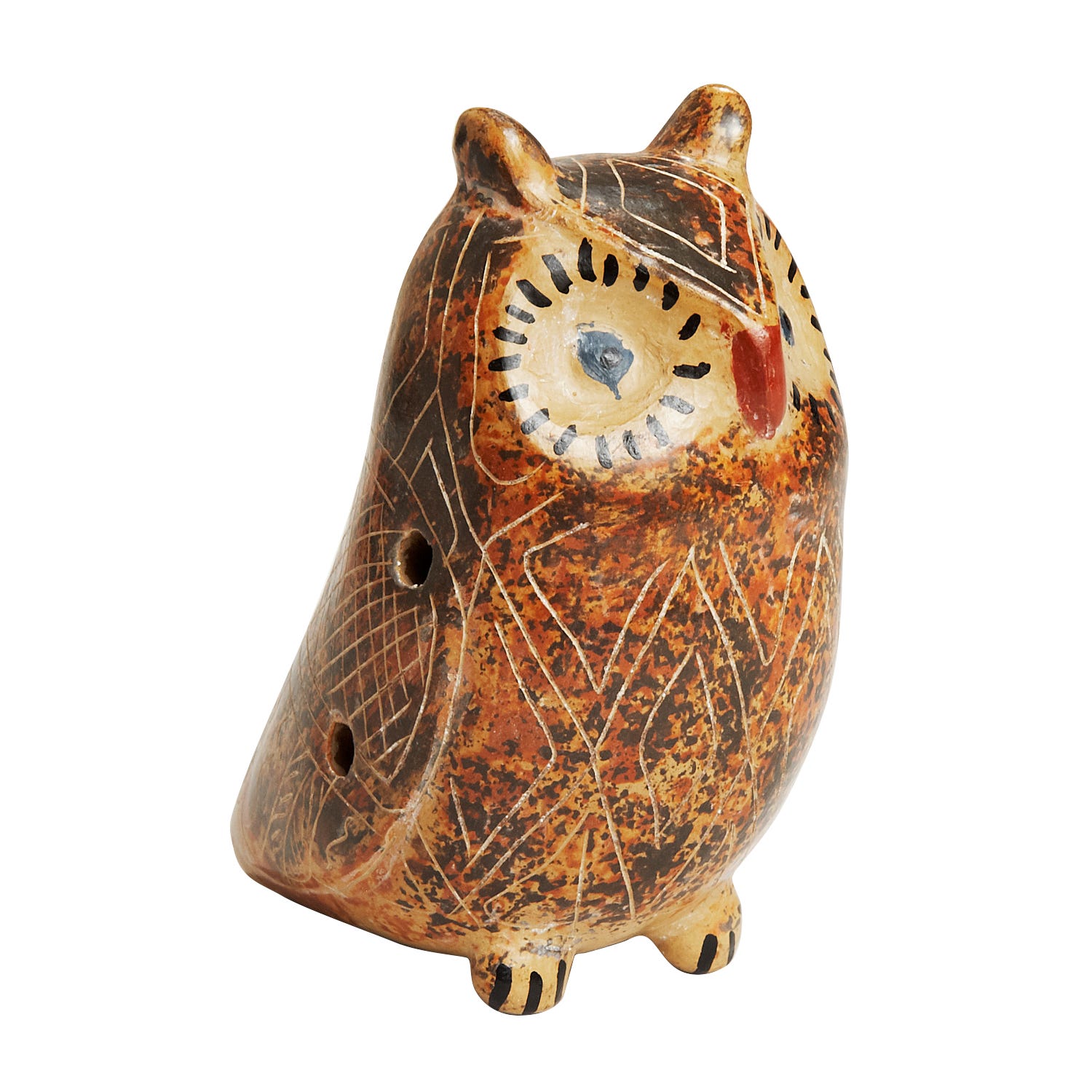 Front view of the owl-shaped ocarina showing hand-painted folk art details