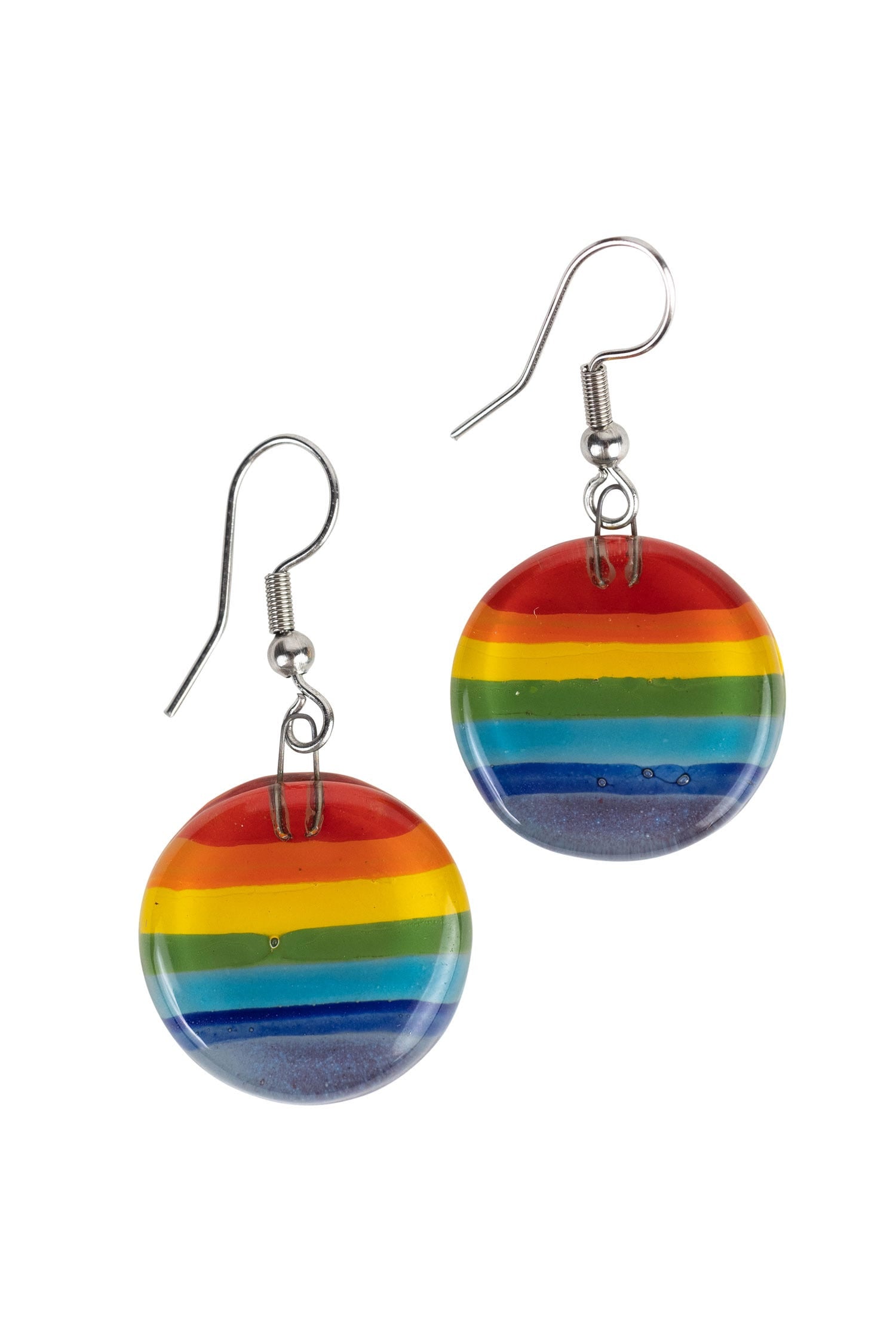 Close-up of vibrant rainbow glass earrings with rainbow beads on a white background