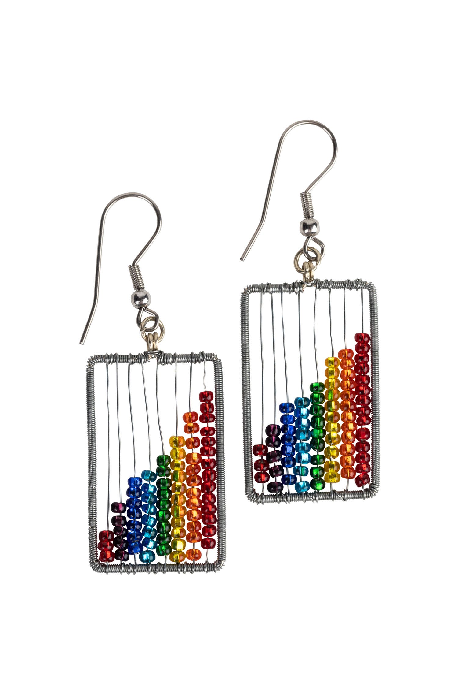 Close-up of Vibrant Rainbow Abacus Earrings highlighting colorful glass beads.