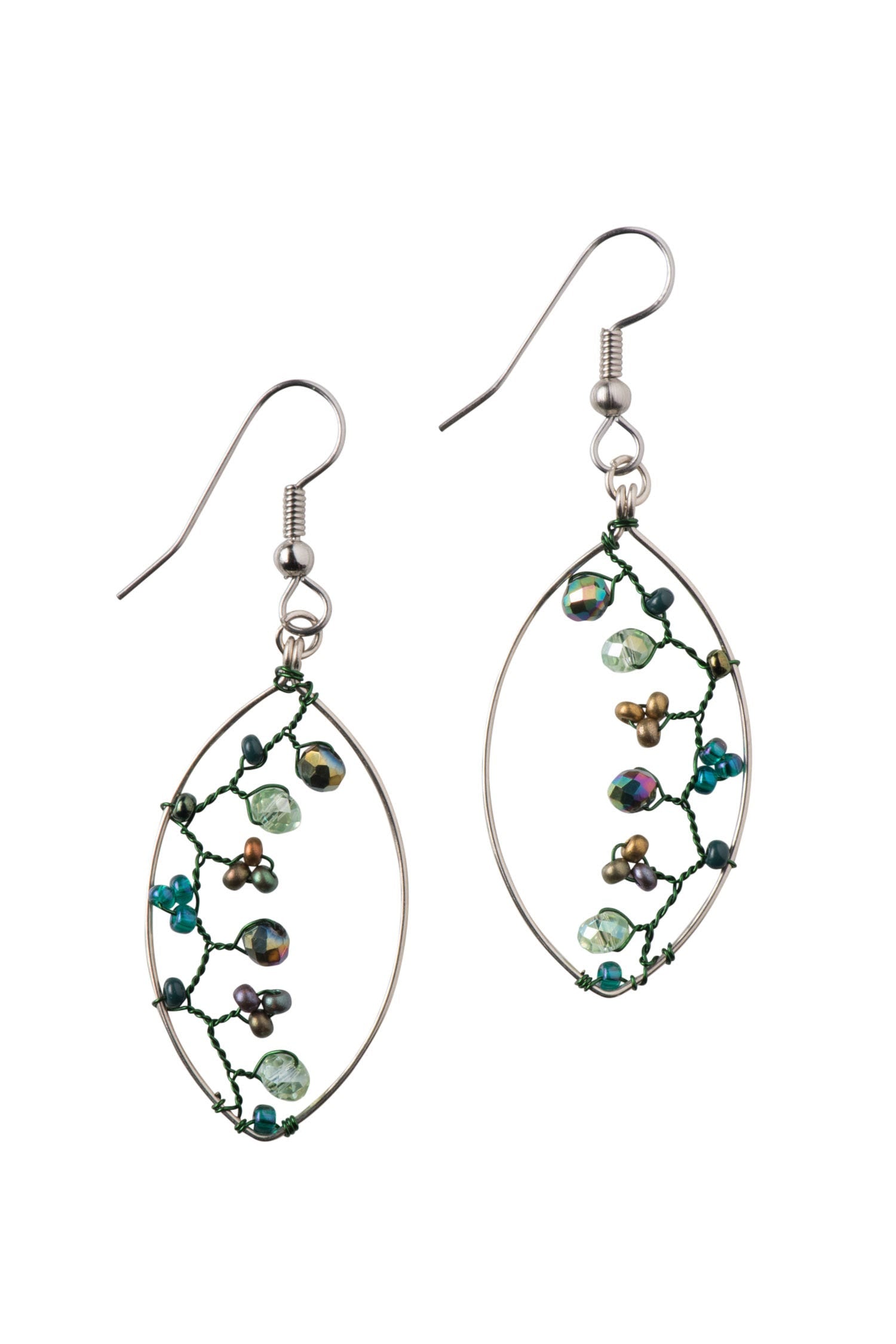 Close-up of whimsical climbing vine earrings showcasing their vibrant colors and intricate beadwork.