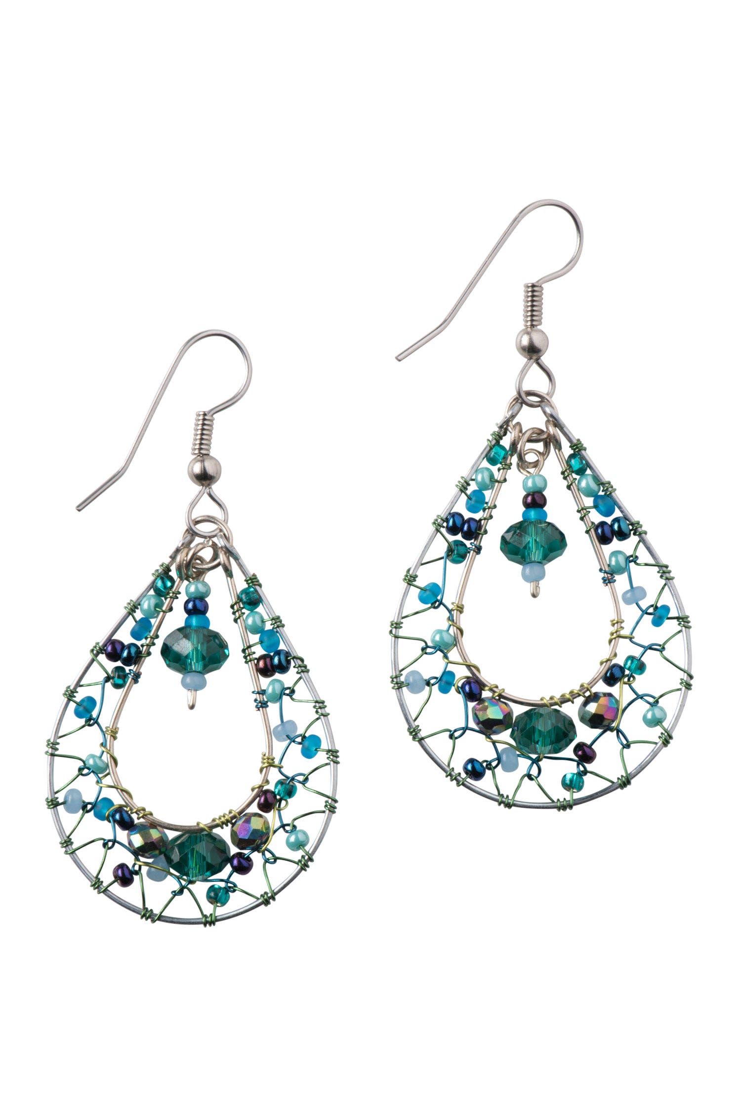 Close-up of Mystical Depths Beaded Earrings showcasing iridescent glass beads.