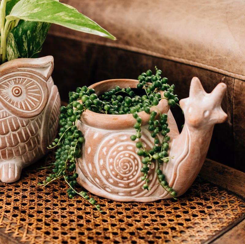 Close-up of the intricate details on a handmade terracotta snail planter