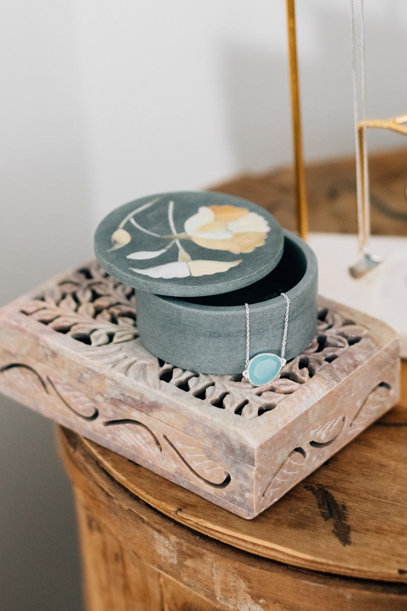 Close-up of the Radiant Mother of Pearl Jewelry Gift Set highlighting the intricate design.